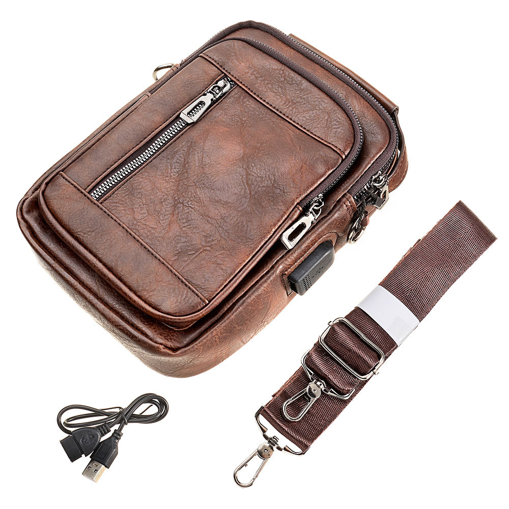 Мужская сумочка из натуральной кожи с ремешком и проводом для зарядки телефона
