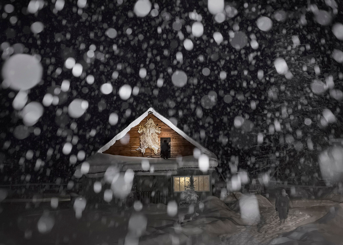 A bear's skin is crucified on a house. Far North, Siberia by Elena Anosova
