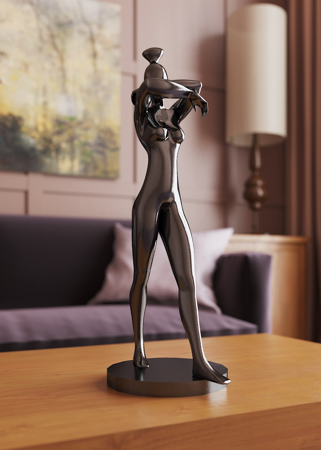 Предметная визуализация интерьерной скульптуры на фоне мягкого дивана — проект визуализатора Larionova.vis