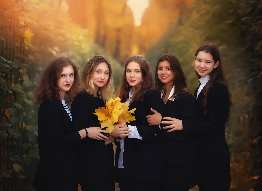 группа выпускниц 11 класса фотографируется обнявшись в парке