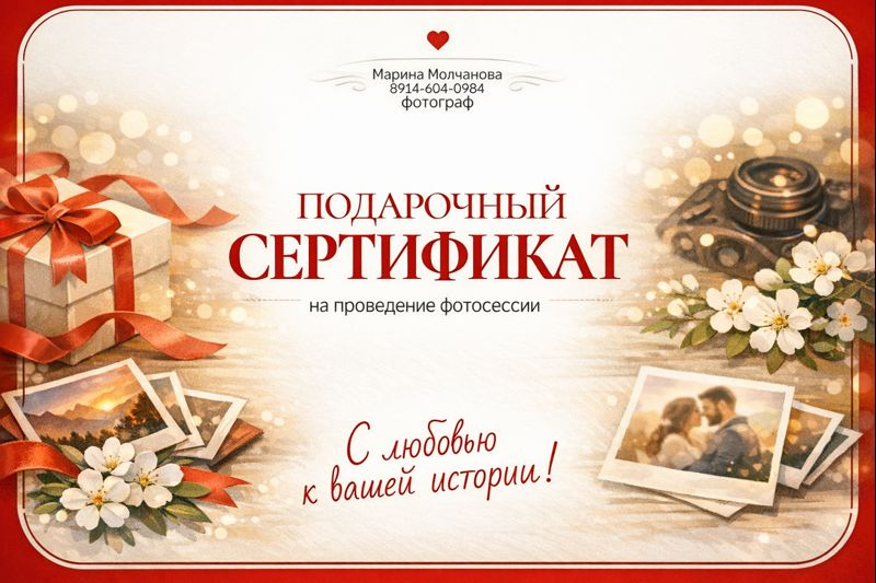 Подарочные сертификаты на фотосессию Марины Молчановой. Фотограф Благовещенск Марина Молчанова