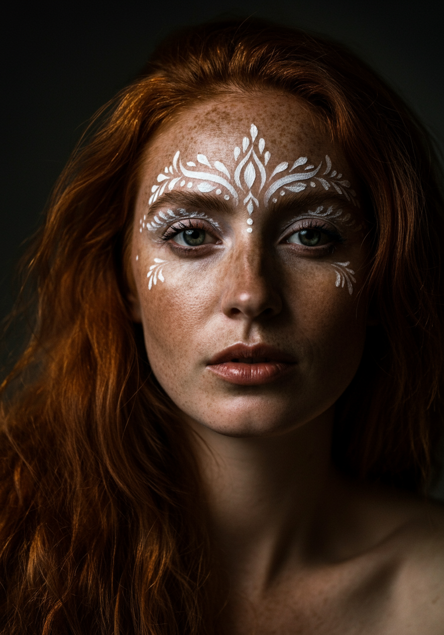 Портрет девушки с узорами на коже лица. Генерация фото в нейросети VE2 с помощью стиля Portra 400
