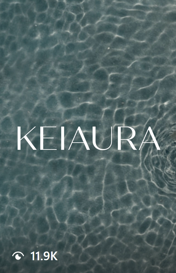 Keiaura logo over a textured water background, highlighting the brand's connection to elegance, purity, and natural beauty in their campaign.