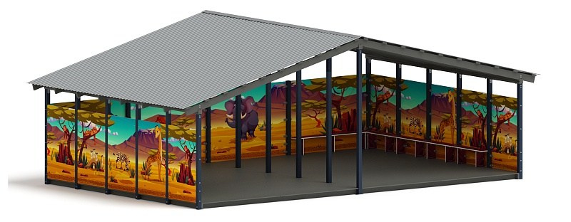 Теневой навес (Сафари) - МФ 70.8.5-10 Габариты (ШхДхВ): 8080х5080х3250 мм Зона безопасности, мм: 11080х8080