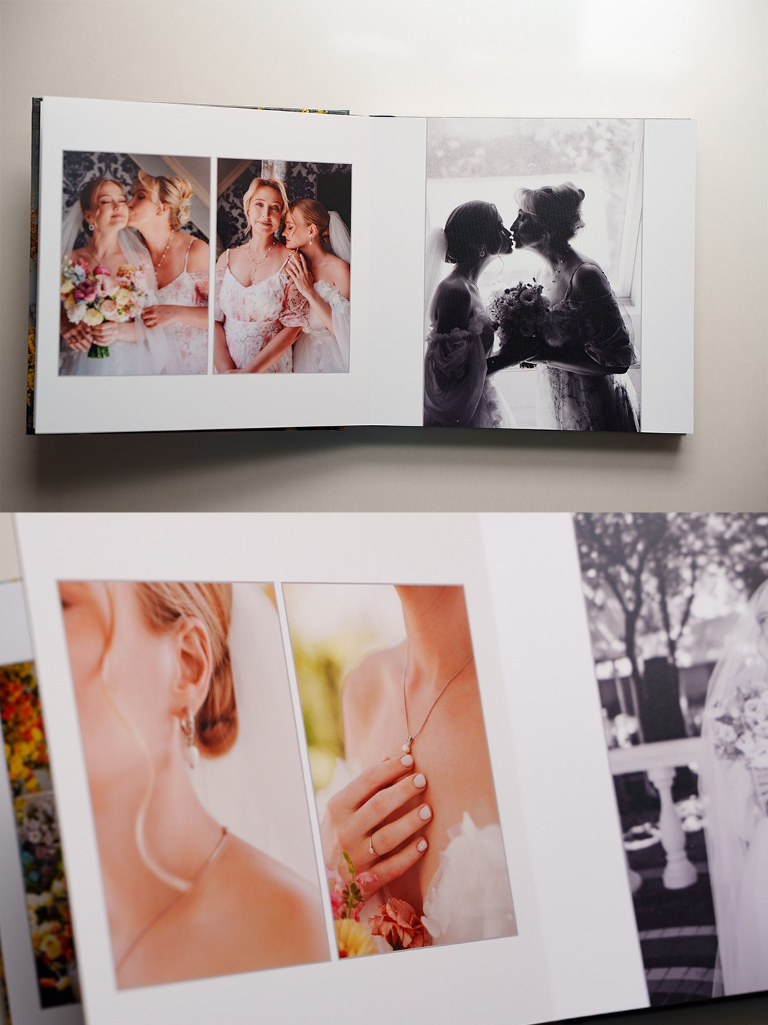 Разворот свадебной фотокниги премиум-класса. Пример работ фотографа Андрея Сайфутдинова по фотосъемке и изготовлению фотокниг в Ростове-на-Дону.
