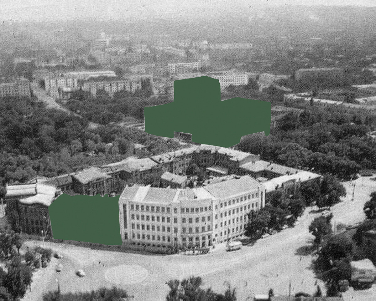 Коллаж на основе архивных фото города Грозного. Грозненский государственный институт нефтехимии, здание разрушено