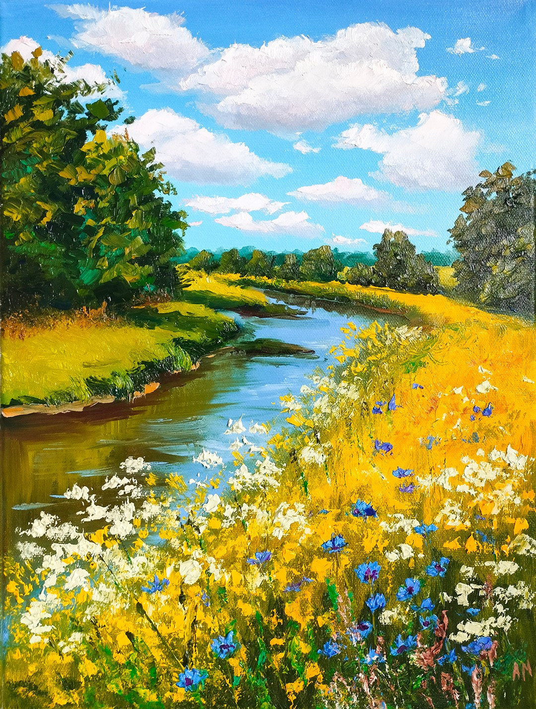 Летний пейзаж с рекой и лесом — купить картину маслом