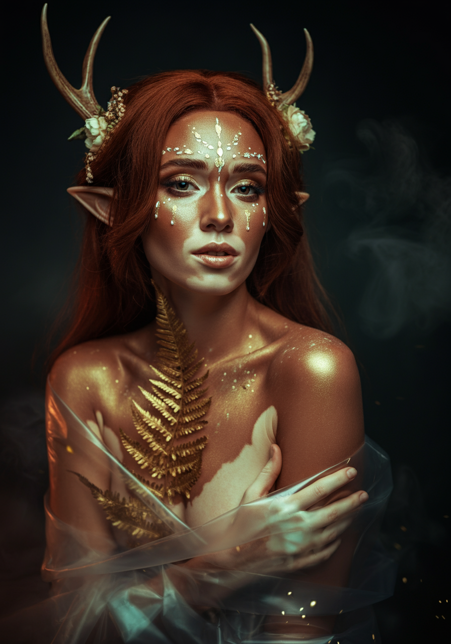 Женщина с оленьими рожками прикрывает грудь рукой. Модель с витилиго, замотанная в прозрачную плёнку, с рисунками на лице и золотистым папоротником в районе ключиц