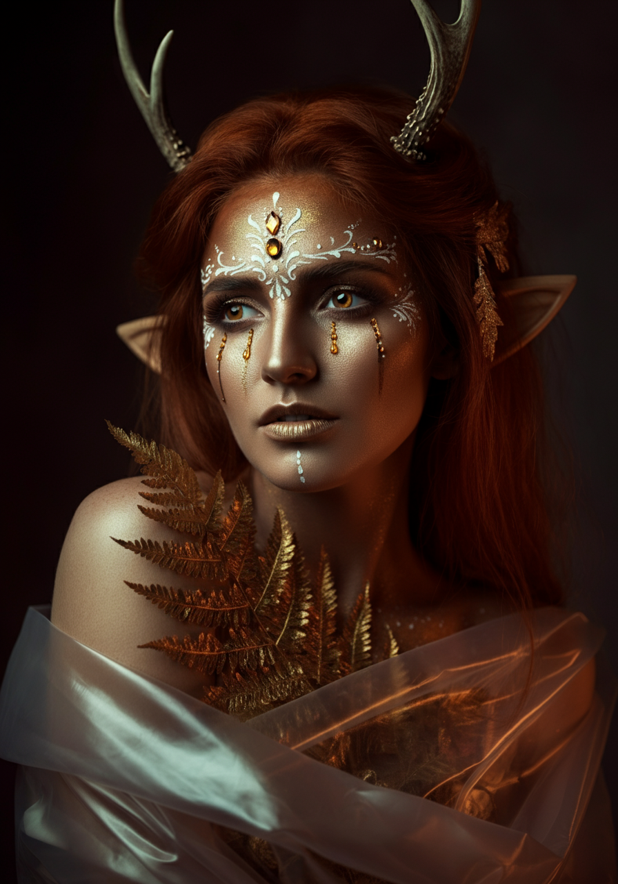 Оринджинал косплей девушки с оленьими рожками и эльфийскими ушками, замотанной в прозрачную плёнку с папоротником на голых плечах