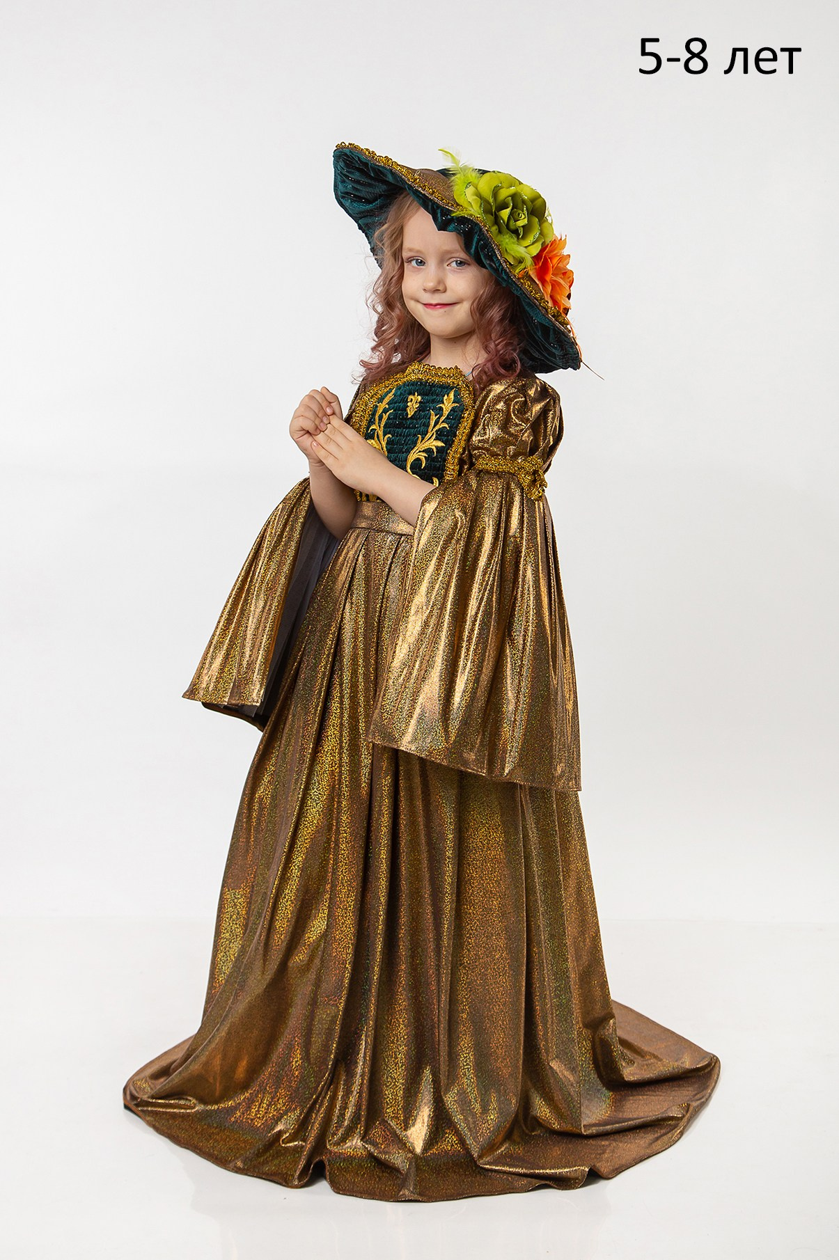 Прокат костюмов. Золотое платье в пол для фотосессии со шляпой