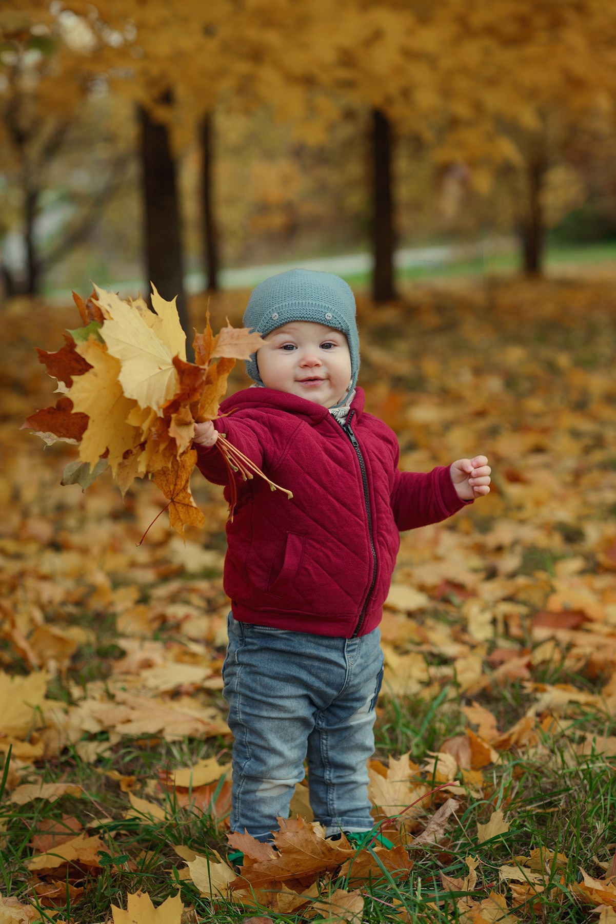 Photo shoot of a little child in autumn. Photos with yellow leaves