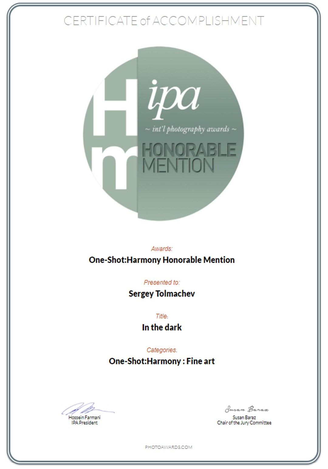 Диплом IPA Sergey Tolmachev