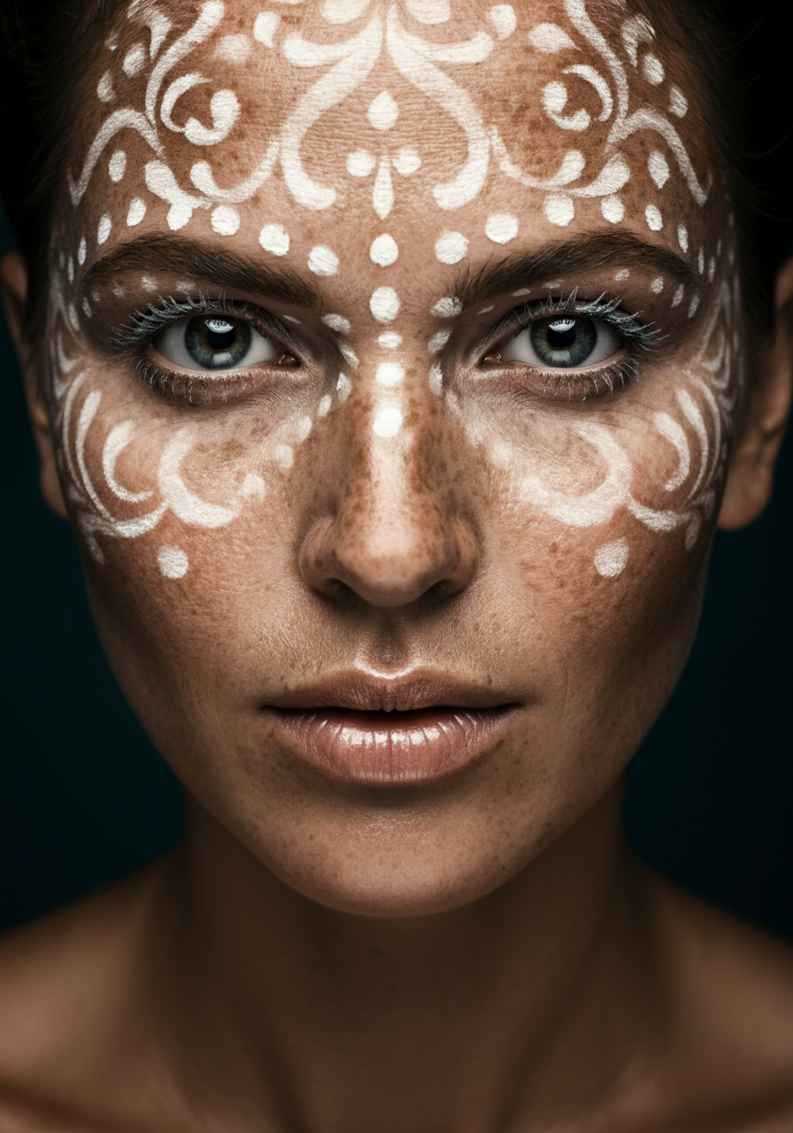 Портрет девушки с белыми узорами на лице, крупный план, съёмка в тёмном ключе