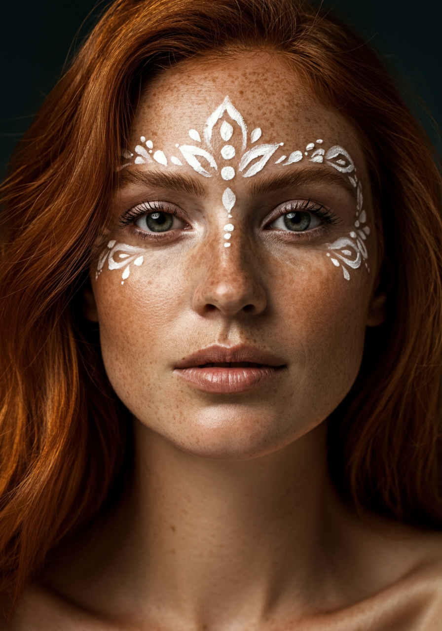 Взрослая рыжеволосая девушка крупным планом с красивыми белыми узорами на лице, фото крупным планом