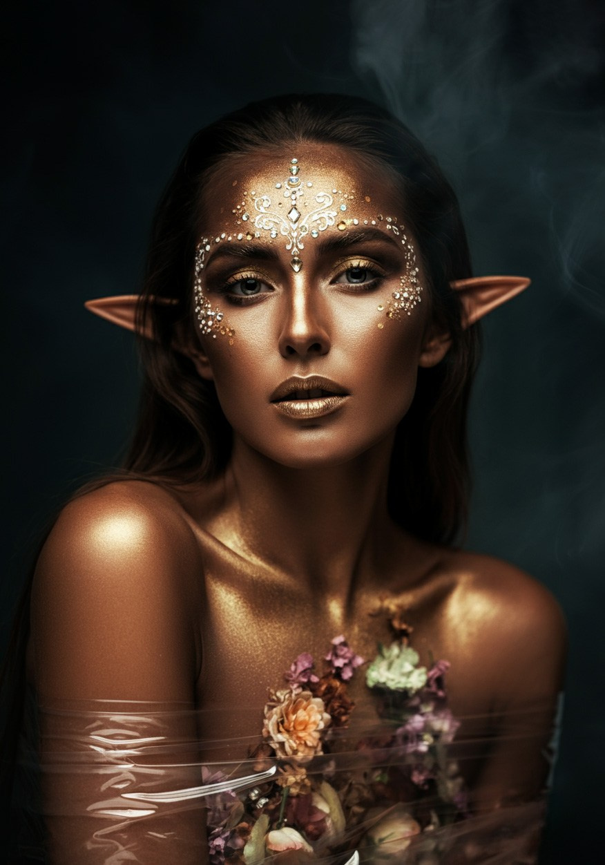 Фэшн модель с эльфийскими ушами позирует в прозрачной плёнке с цветами, прикрывающими грудь. На лице молодой женщины узоры и кристаллы Сваровски