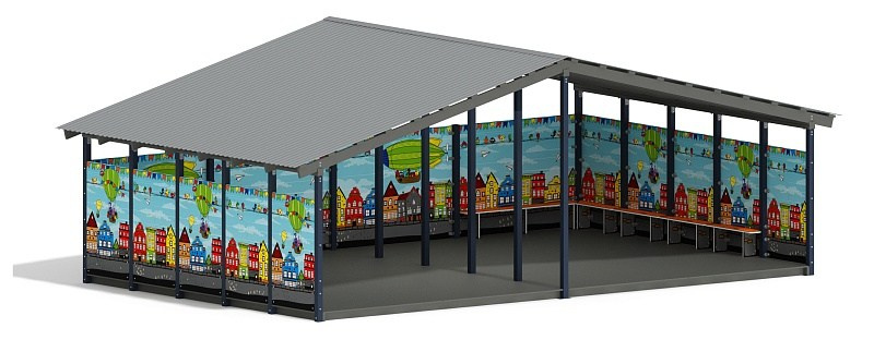 Теневой навес (Город) - МФ 70.8.5-01 Габариты (ШхДхВ): 8080х5080х3250 мм Зона безопасности, мм: 11080х8080