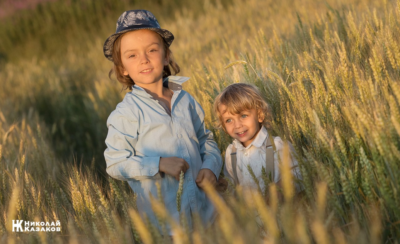 Портрет двух  братьев стоящих в пшеничном поле на закате во время фотосесии.