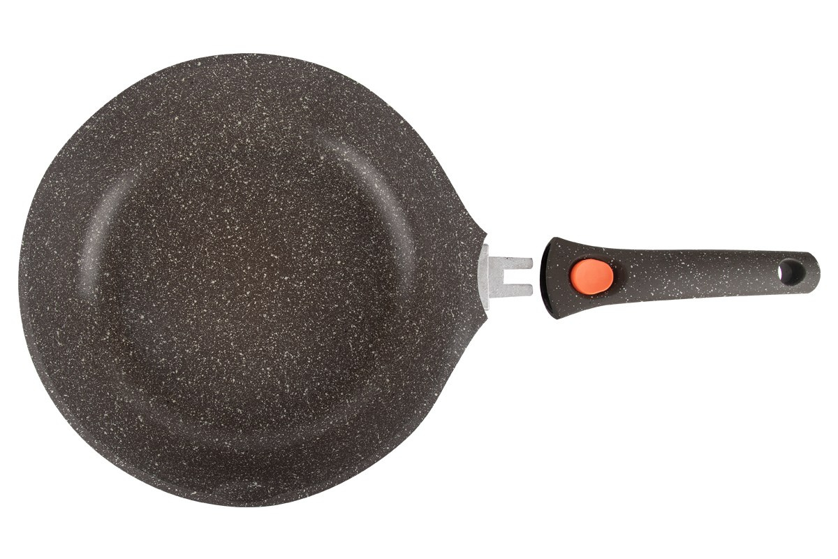 Сковородка со съёмной ручкой вид сверху без крышки на белом фоне