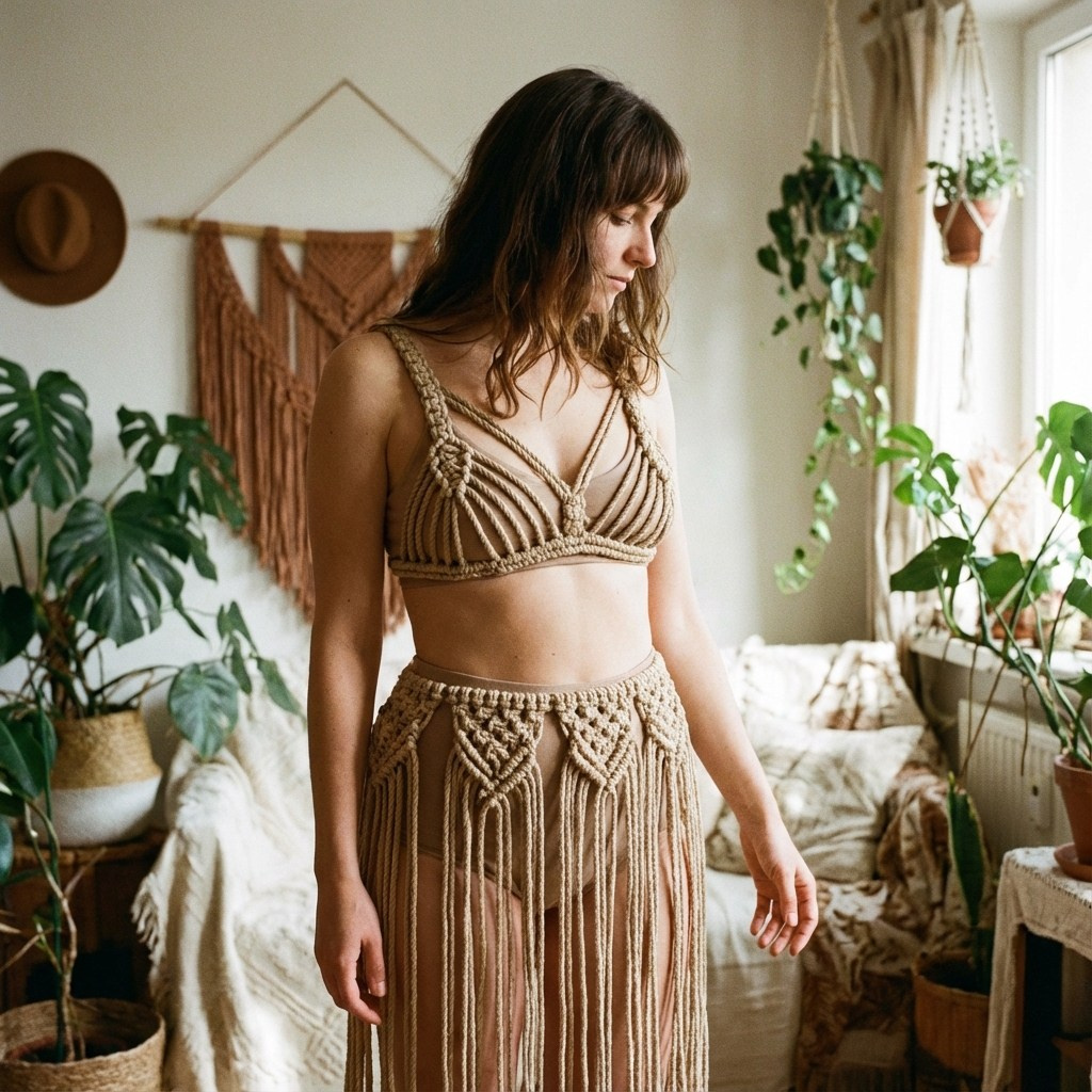 Девушка в костюме из макраме стоит в светлом бохо-интерьере с комнатными растениями