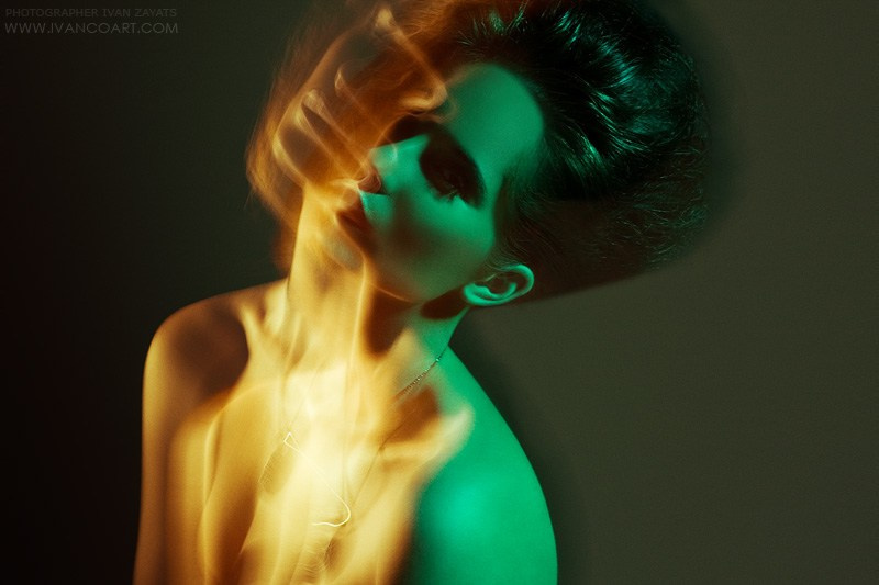 Abstract fashion portrait with mixed light and motion blur — an example of TFP collaboration
