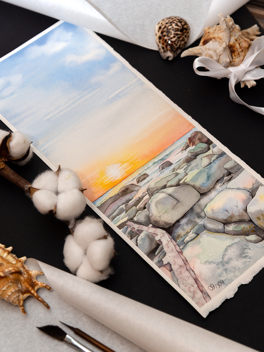 Закат на пляже Кейптауна. ФотоКисточка. Акварель. Арт-галерея картин Анастасии Дерий