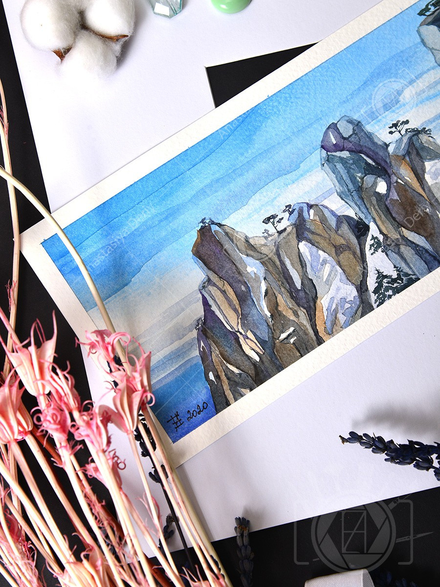 Зимние вершины Ай-Петри. ФотоКисточка. Акварель. Арт-галерея картин Анастасии Дерий