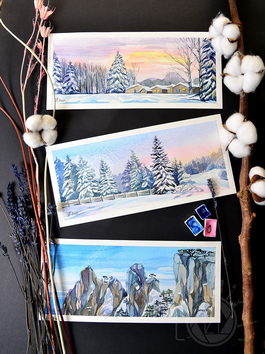 Зимние вершины Ай-Петри. ФотоКисточка. Акварель. Арт-галерея картин Анастасии Дерий