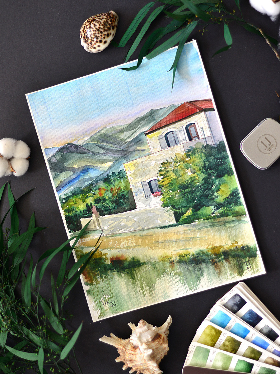 Критский домик летним днём. ФотоКисточка. Акварель. Арт-галерея картин Анастасии Дерий