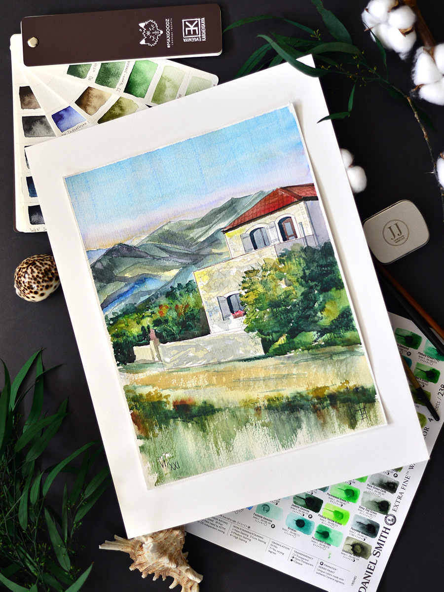 Критский домик летним днём. ФотоКисточка. Акварель. Арт-галерея картин Анастасии Дерий