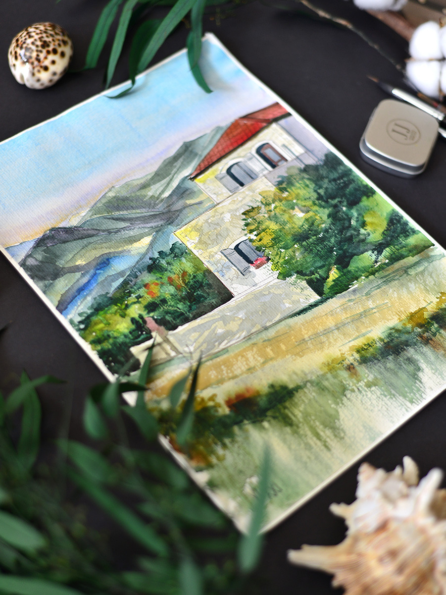 Критский домик летним днём. ФотоКисточка. Акварель. Арт-галерея картин Анастасии Дерий