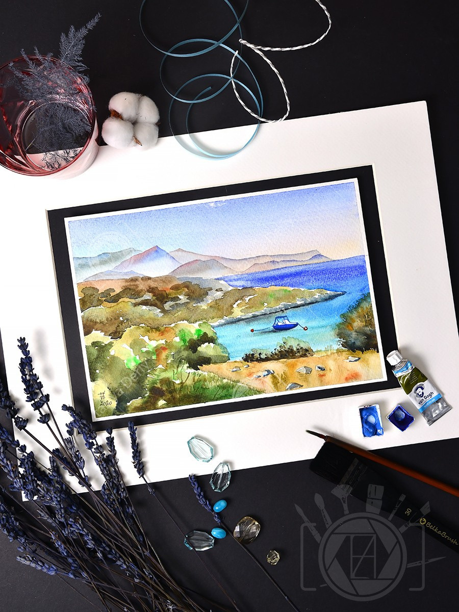 Лазурная бухта на острове Крит. ФотоКисточка. Акварель. Арт-галерея картин Анастасии Дерий