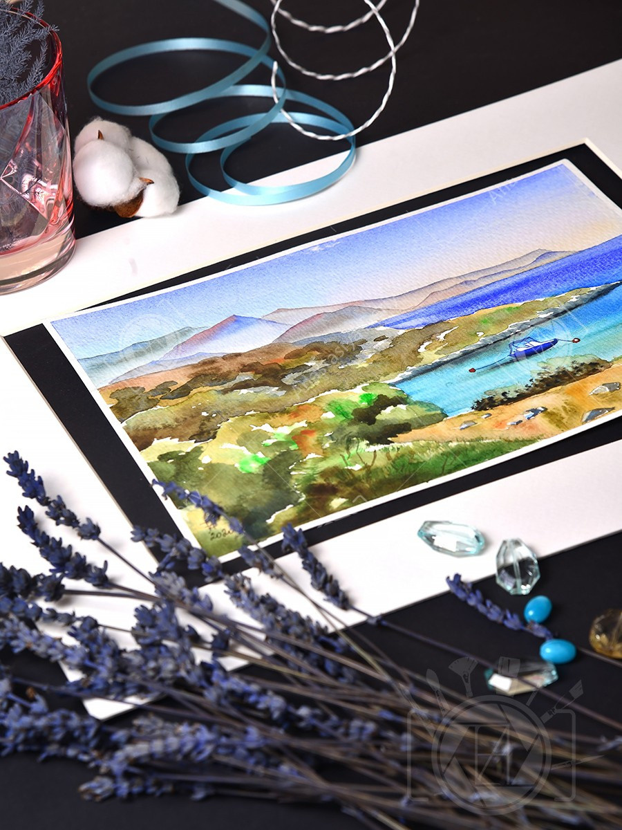 Лазурная бухта на острове Крит. ФотоКисточка. Акварель. Арт-галерея картин Анастасии Дерий