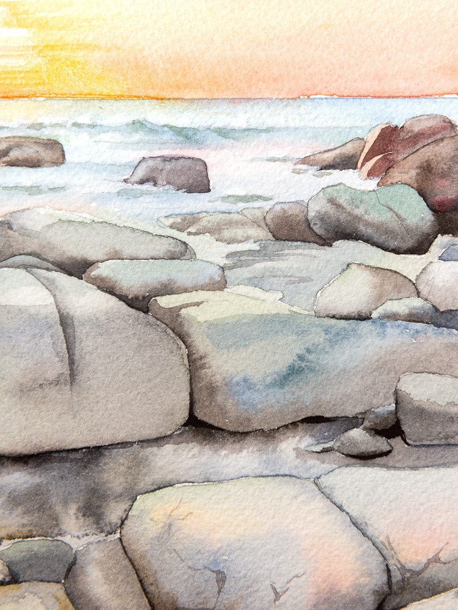 Закат на пляже Кейптауна. ФотоКисточка. Акварель. Арт-галерея картин Анастасии Дерий