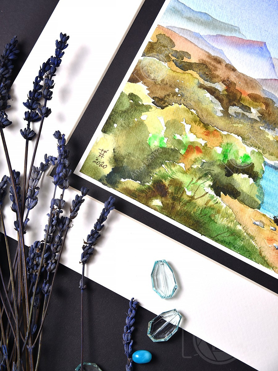 Лазурная бухта на острове Крит. ФотоКисточка. Акварель. Арт-галерея картин Анастасии Дерий