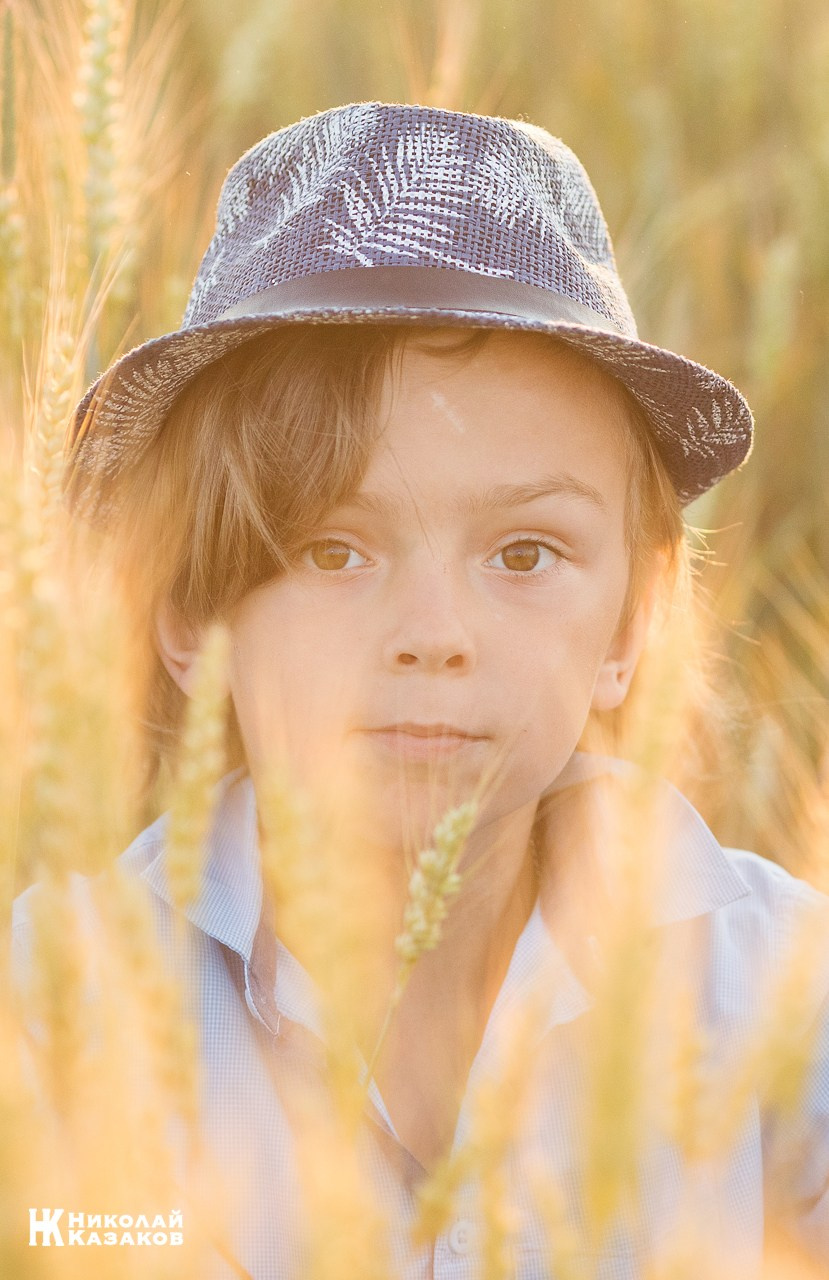 Позитивный портрет маленького мальчика с светлыми волосами в лучах заката, играющий в пшеничном поле во время фотосессии.