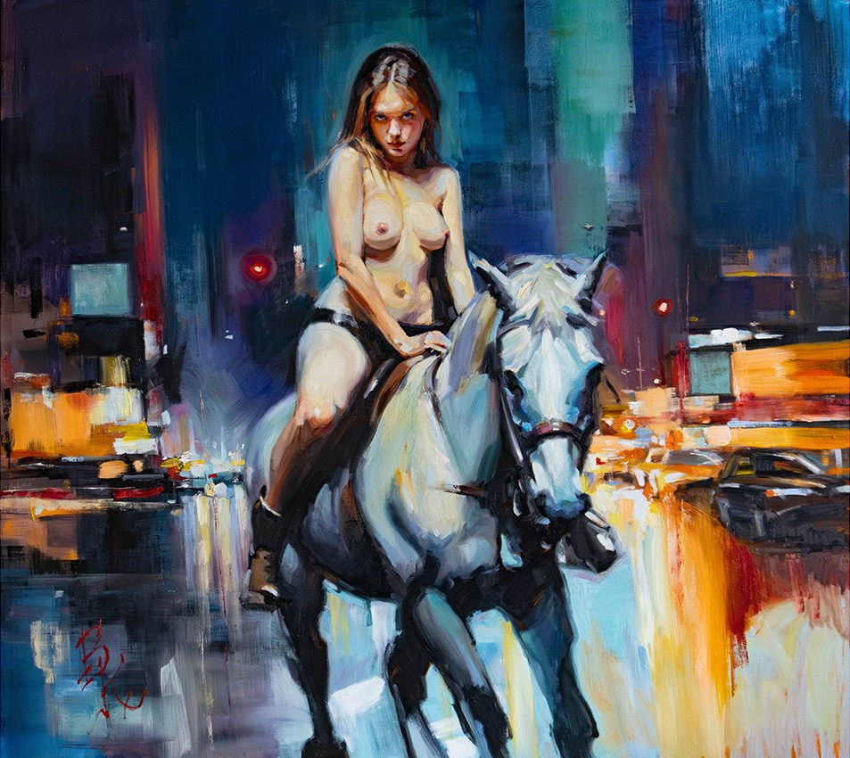 обнаженная натура, девушка на лошади в городе