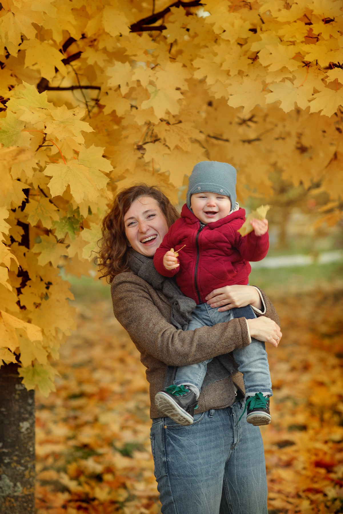 Family photo shoot in autumn. Photos with yellow leaves