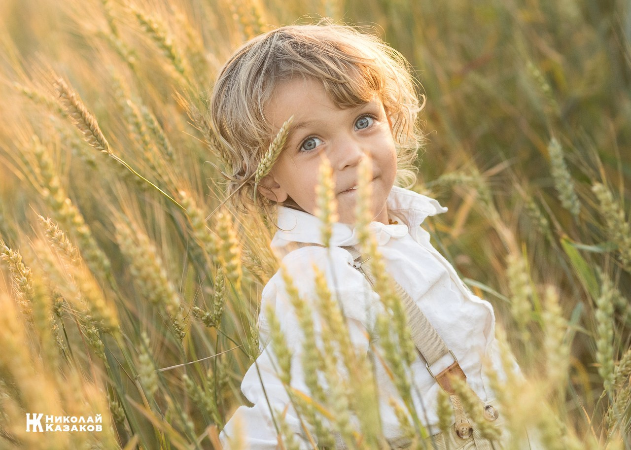 Позитивный портрет маленького мальчика с светлыми волосами в лучах заката, играющий в пшеничном поле во время фотосессии.