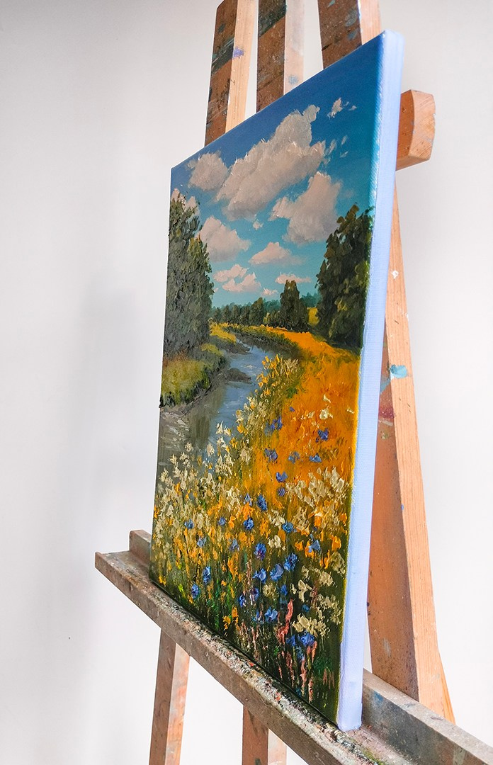 Картина с рекой и деревьями — авторская живопись на холсте