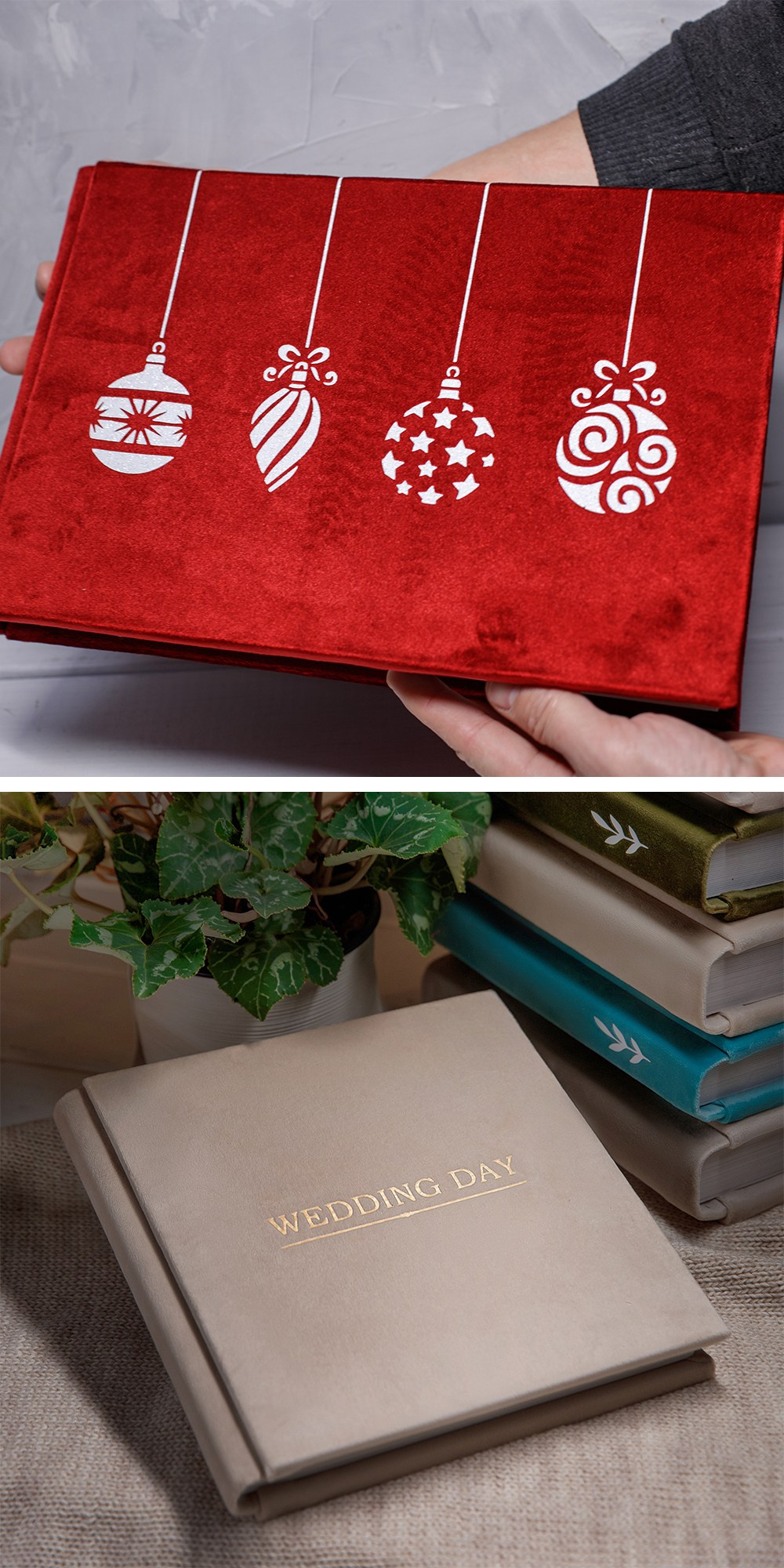Красный бархатный новогодний альбом с изображением ёлочных игрушек и бежевая свадебная книга с золотой подписью