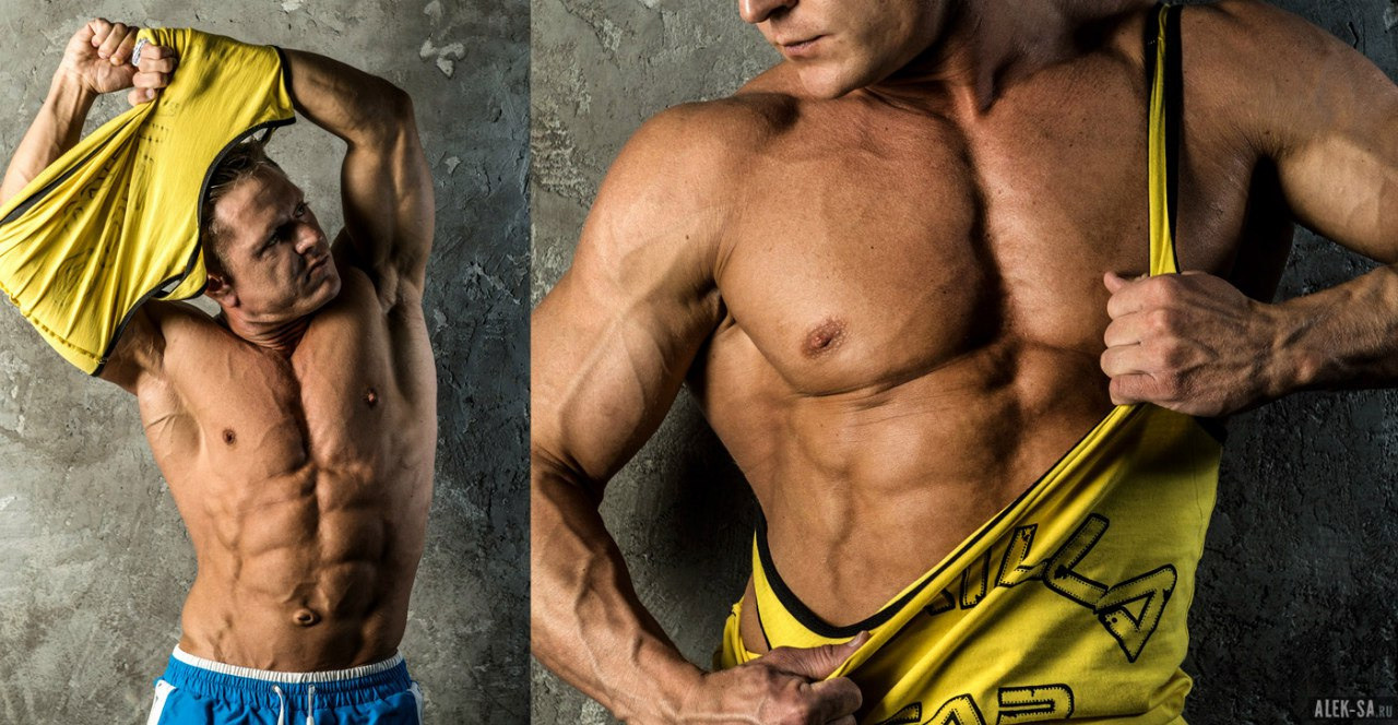 Фитнес-торс в жёлтой майке, дуплекс-диптих — фотограф Краснодар