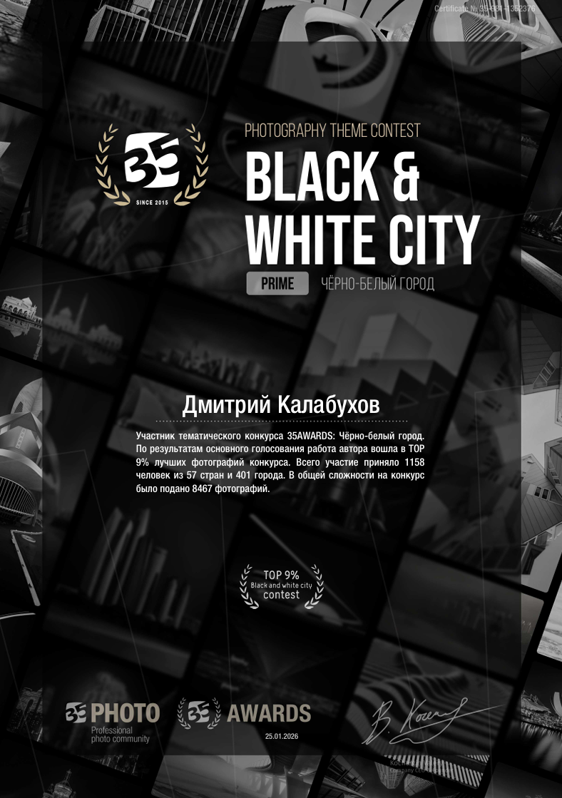 35AWARDS. Сертификат за лучшие работы. Топовый фотограф
