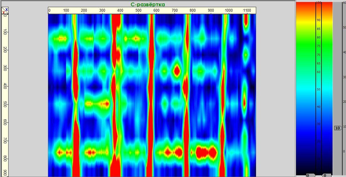 Определение параметров армирования фрагмента монолитной железобетонной плиты перекрытия ультразвуковым эхометодом (метод ультразвуковой эхо-томографии). C-томограмма (C-скан)