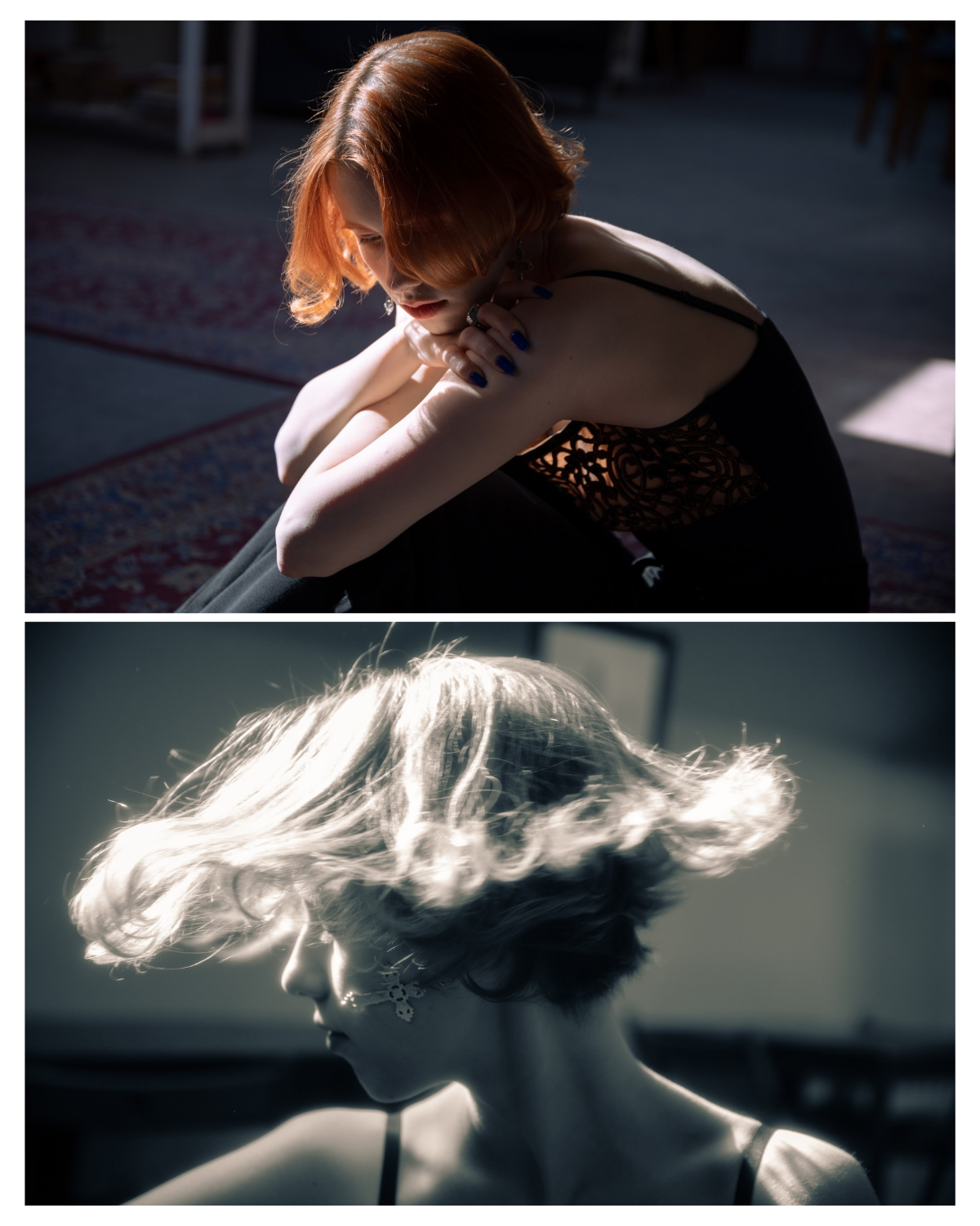 Коллаж из двух портретов девушки в затененном интерьере, одно изображение цветное, другое черно-белое