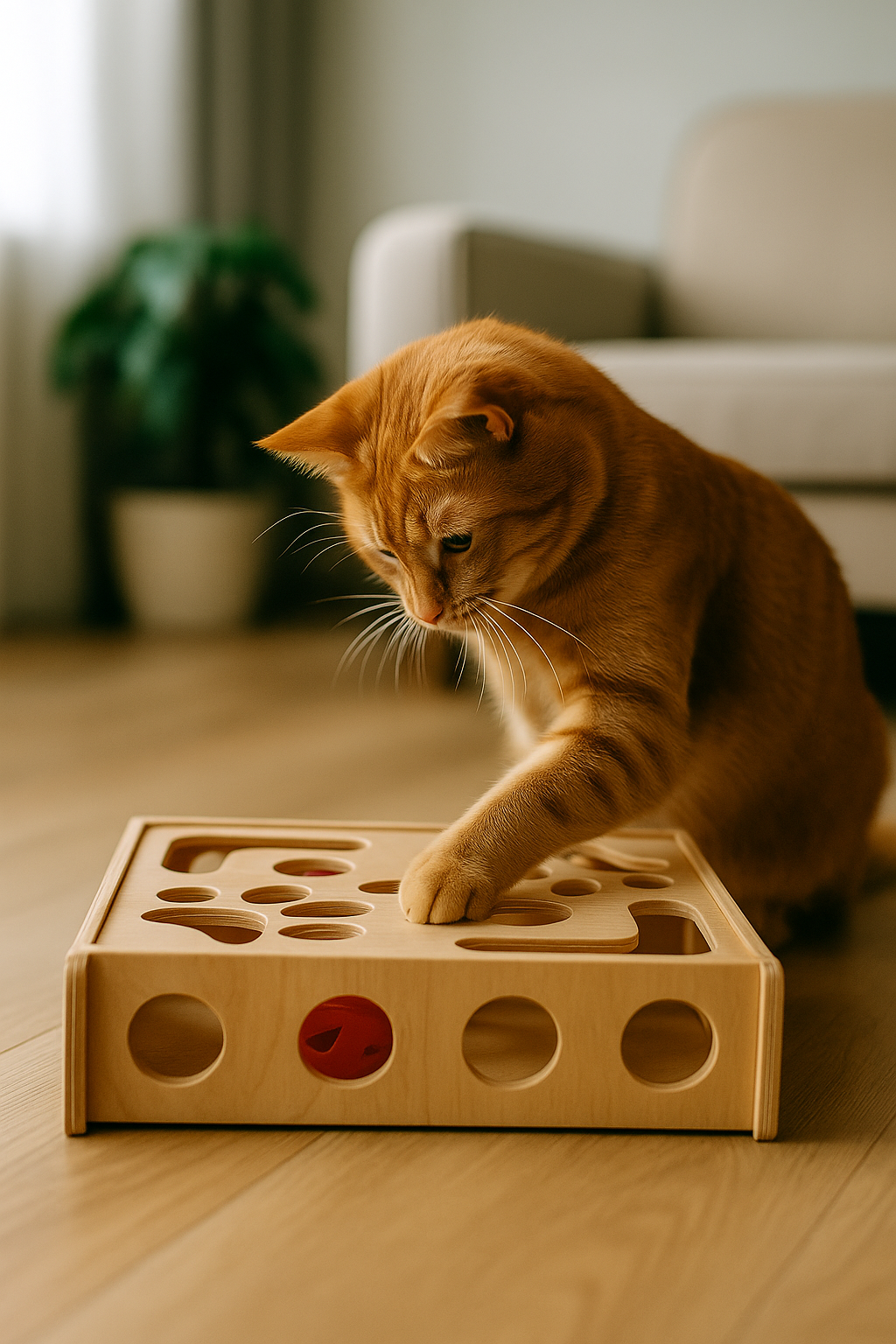 Кот играет с игрушкой‑треком с шариком, развивающая игра дома