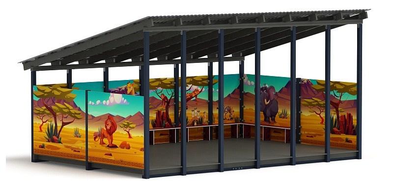 Теневой навес (Сафари) - МФ 71.6.4-10 Габариты (ШхДхВ): 6000х4080х3300 мм Зона безопасности, мм: 9000х7080