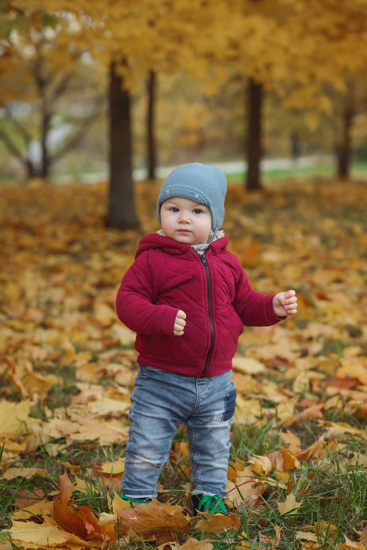 Photo shoot of a little child in autumn. Photos with yellow leaves