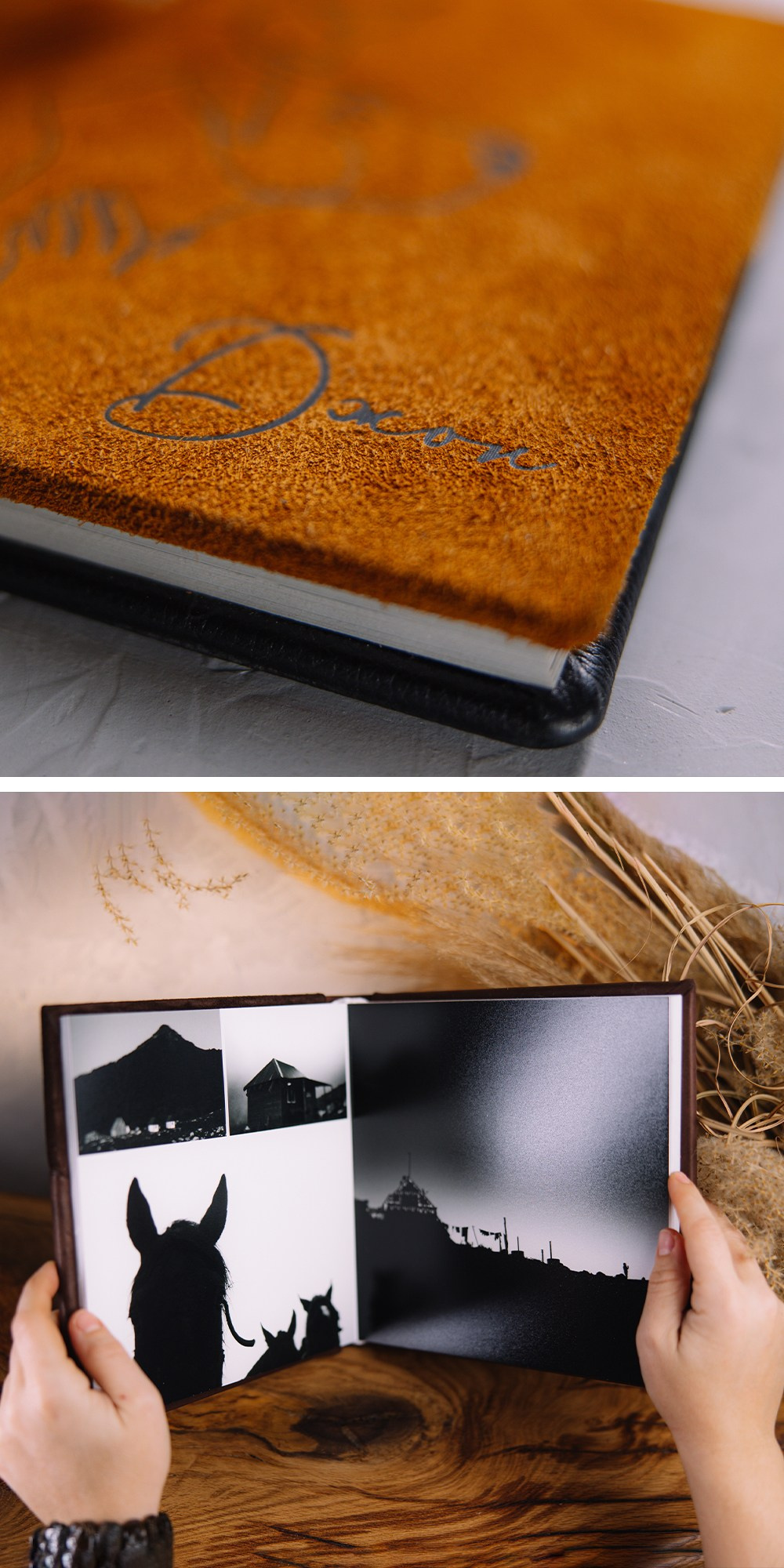 Альбом из натуральной горчичной замши, с индивидуальным изображением хозяина его собаки и открытые разворот фотокниги в руках с изображением коней