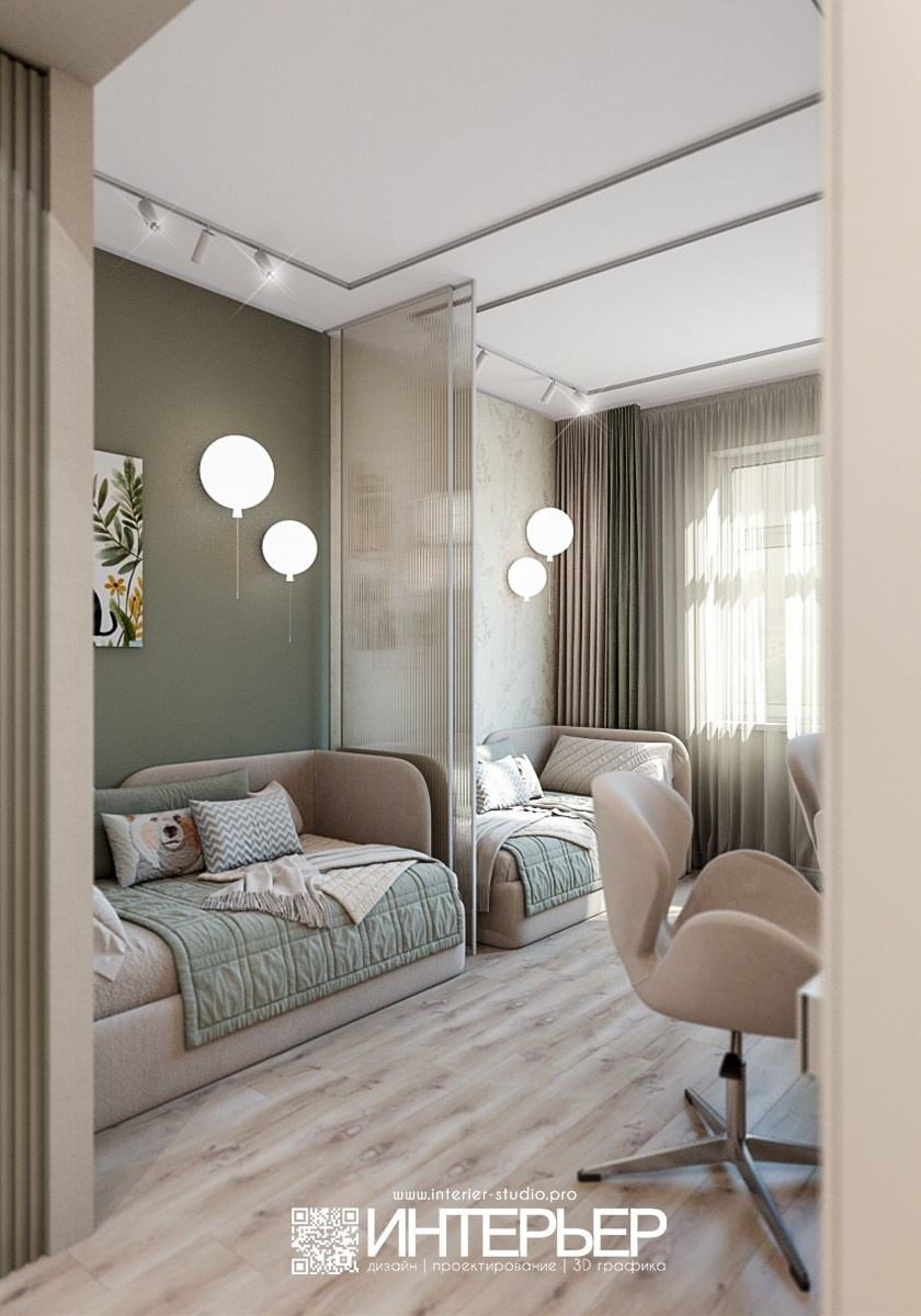 Спальня и детская Ольги. ЖК Парковый. Корректировки 23.01. Дизайн интерьера, 3D визуализация и 3D моделирование. Создание проектов и чертежей. КМВ: Кисловодск, Пятигорск, Ессентуки и удаленно