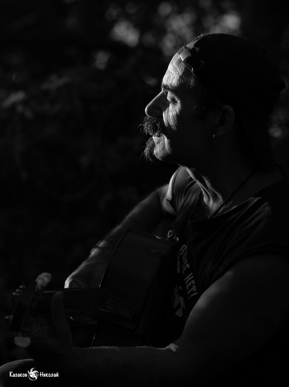 Профиль писателя и музыканта Михаила Новицкого во ремя исполнения песни